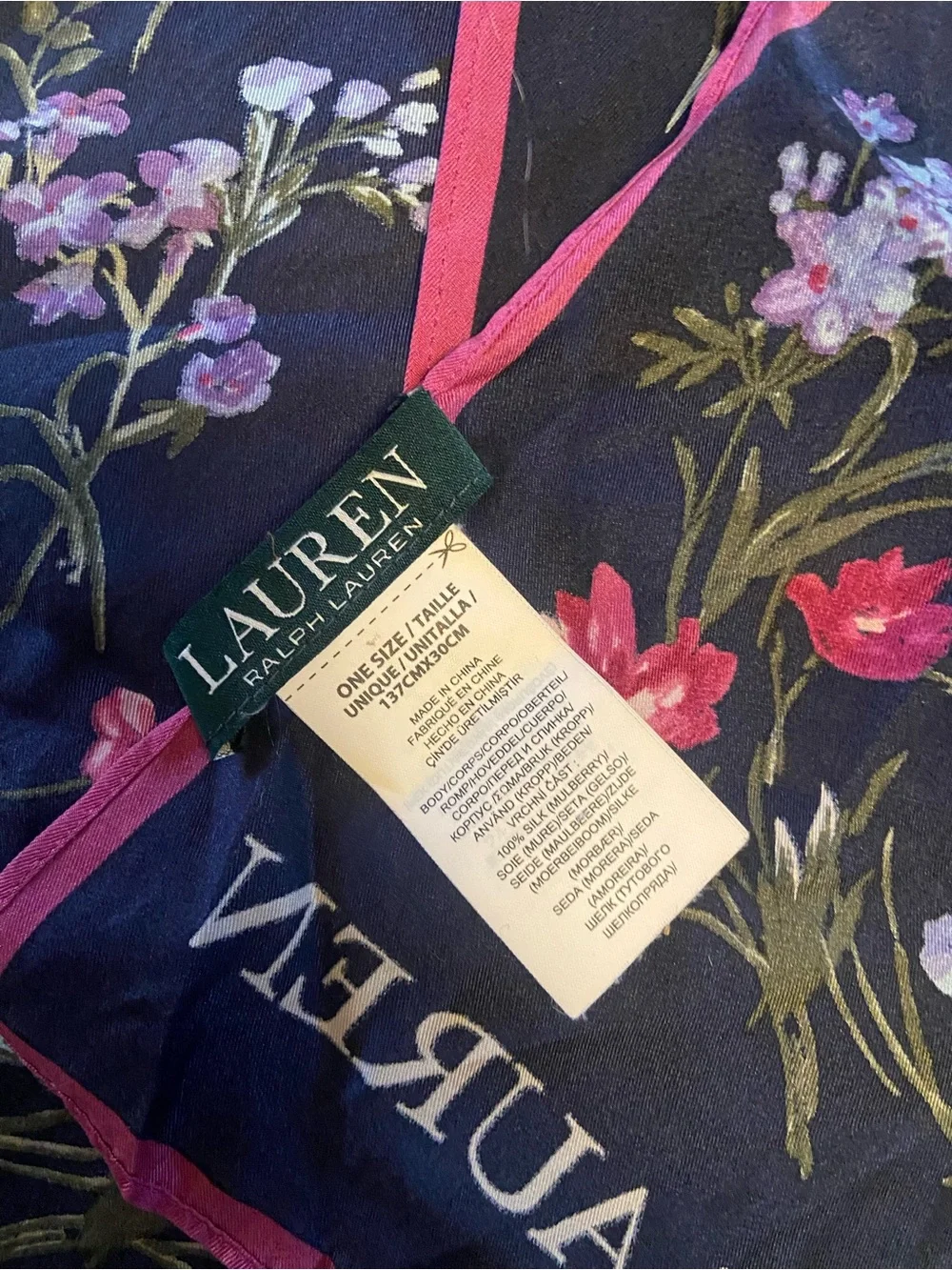 Lauren Ralph Lauren Silk Scarf Navy Floral Pink Trim “Laura” Spell Out Of Stock